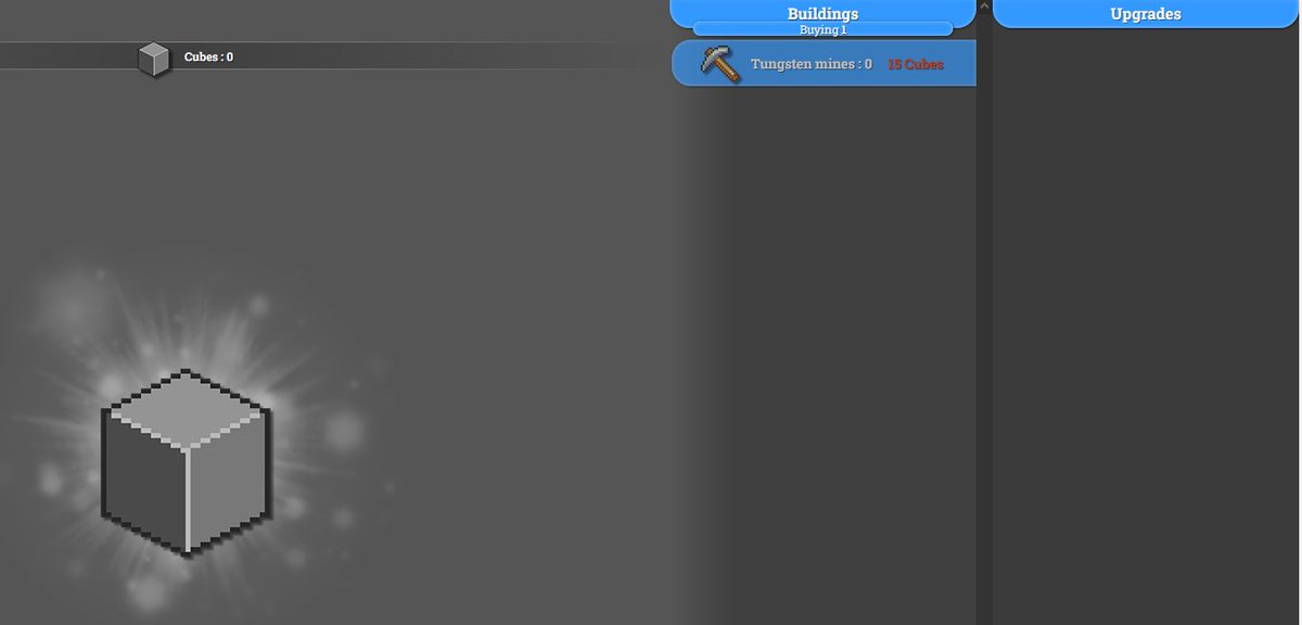 MTS_Store's tweet image. We made a tungsten cube clicker game! orteil.dashnet.org/igm/?g=nb2iYrxS

The building upgrades show the steps used to make a tungsten cube starting from the mine.

Using Idle Game Maker by @orteil42