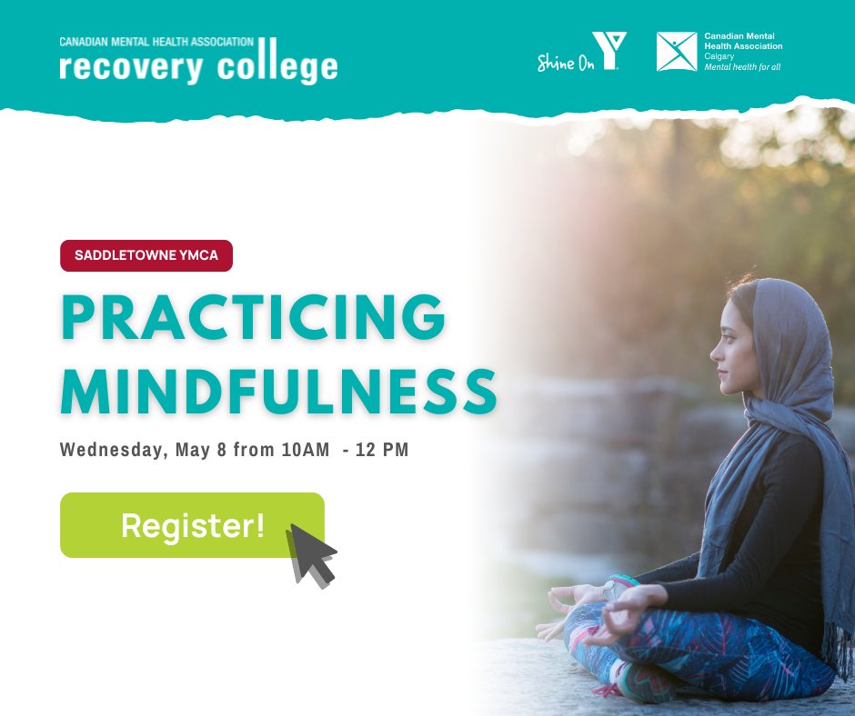 Feeling overwhelmed by your thoughts? You're not alone.💙 Discover the power of mindfulness with our FREE Recovery College course, 'Practicing Mindfulness.' Join us at the Saddletowne YMCA on May 8 by registering for FREE at ow.ly/bxG850RbFFA