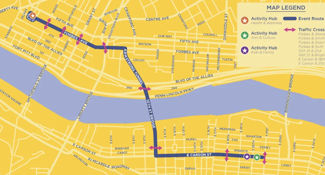 ✨ MAY 11 OPENSTREETS ROUTE ANNOUNCED! ✨ 

Take a car-free adventure from Market Square, through the Armstrong Tunnel, across the 10th St Bridge, to lively E. Carson St

📍 Downtown & South Side
Saturday, May 11th
10am – 2pm