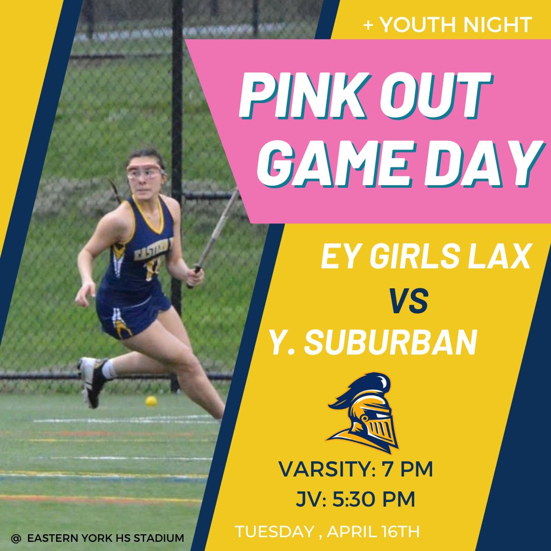 Get ready to paint the town PINK and ignite your Youth Knight spirit as our Girl's LAX squad hits the field in style! JV starts the excitement at the CASTLE at 5:30pm, followed by Varsity at 7 pm. Youth players wear your jersey to get in FREE! #PinkOut  #eyathleticboosterclub