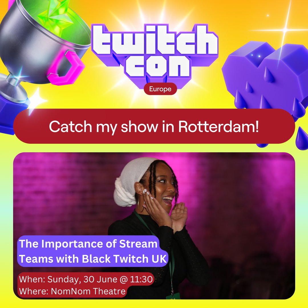 toriijada's tweet image. ✨ANNOUNCEMENT✨

Happy to announce that I'll be on TWO panels at TwitchCon EU!😭🎉

Catch me talking about stream teams w/@BlackTwitchUK at 11:30am!🥳

And content creator practices w/@BitHawkward @tinysharkplays @Eeowna @WarwickOnX @StudyTme at 3pm!🥳

@TwitchCon @TwitchUKI