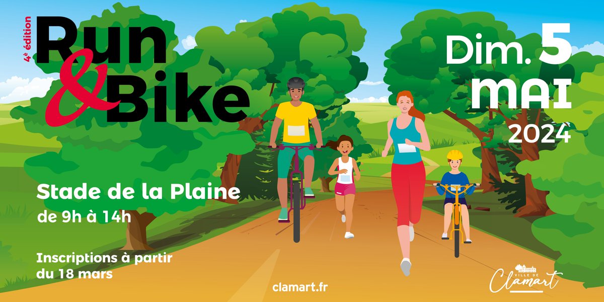 VilleDeClamart's tweet photo. C'est la dernière ligne droite pour s'inscrire à notre 4e édition de #RunandBike à #Clamart 🏃♀️🚴♂️!
Pensez à remplir le formulaire dédié sur https://t.co/mVN5p2DjYV et préparez-vous à relever notre défi sportif 100% famille 👩👦.
📅 Dimanche 5 mai, 9h-14h
📍 Stade de la Plaine https://t.co/ttqMOCpq2N