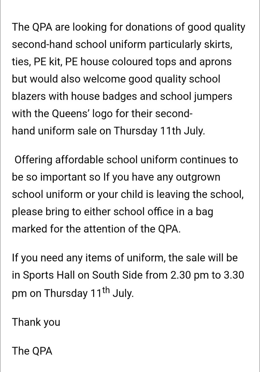 QPA is looking for donation of good quality school uniform. @QueensSch