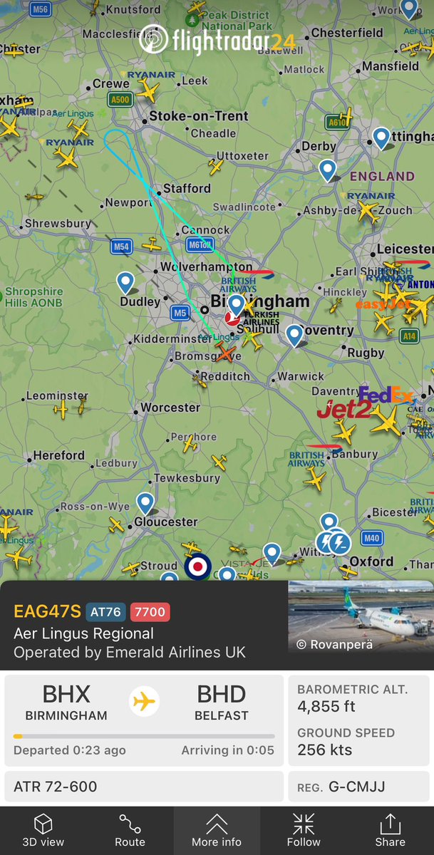 #EAG47S from Birmingham (BHX) to Belfast (BHD) is squawking 7700 after departure, likely to return to Birmingham. fr24.com/EAG47S/34cc5d21 More info on squawking 7700 here. flightradar24.com/blog/what-are-…