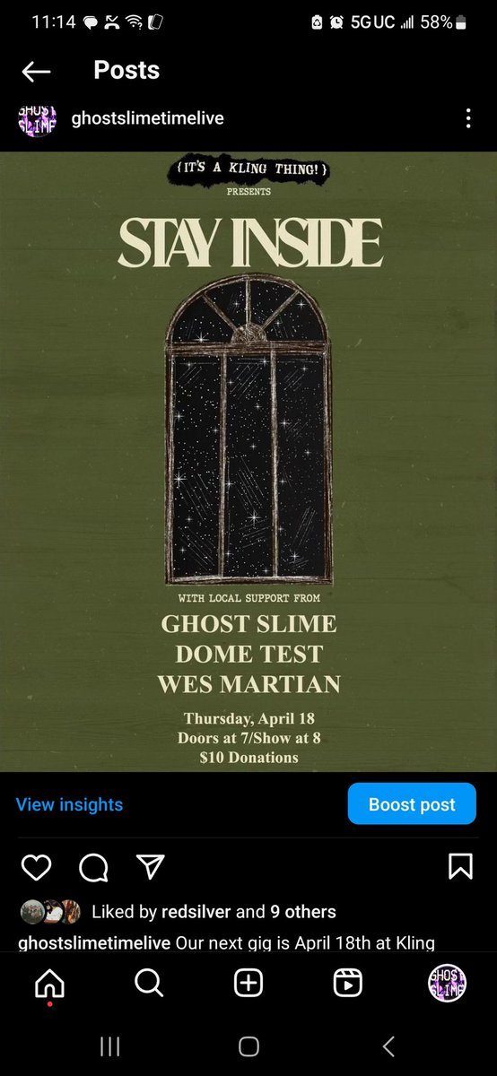 ImTylerBrown's tweet photo. Ghost Slime is playing a show this Thurday at Kling Thing. 

I know you could Stay Inside, but this music will Test your Dome - you might even meet a Martian named Wes. Know what I'm saying??? https://t.co/lu6M6top3E