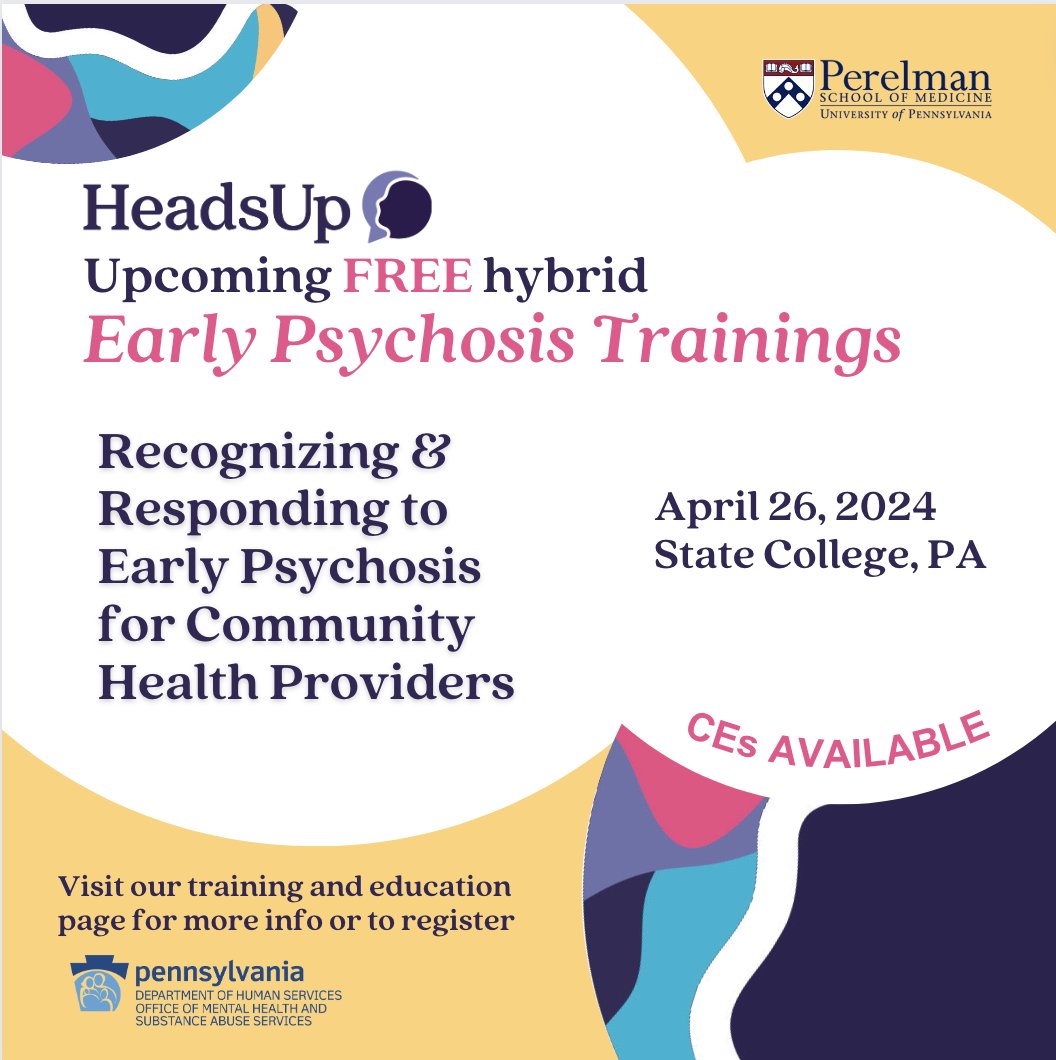Next Friday (4/26)! Our friends @HeadsUpPAorg are hosting a free full day #EarlyPsychosis workshop for community health providers. Join virtually or in-person! More info and registration here: events.zoom.us/ev/AplWeT-B4jK…