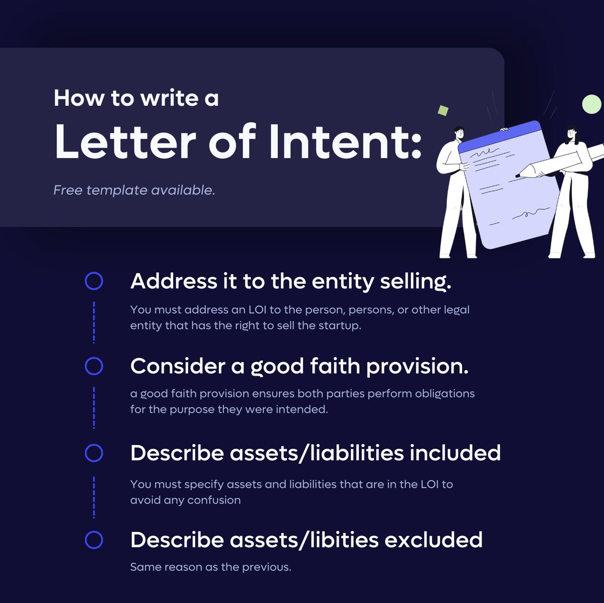Letter of Intent (LOI): A commitment document for business deals. We're all about making acquisitions easier, so what did we do? Create a FREE LOI builder. Our builder accounts 85-90% of all deals on-platform, making offers in as little as 5 minutes. Here's how to write one: