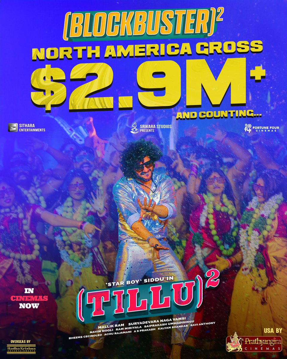 The double blockbuster run in overseas continues, #TilluSquare grosses over $ 𝟐.𝟗 𝐌𝐈𝐋𝐋𝐈𝐎𝐍+ and counting in North America! 🔥💥

USA by @PrathyangiraUS, Overseas by @Radhakrishnaen9

Star Boy 🌟 #Siddu @anupamahere @MallikRam99 @ram_miriyala @achurajamani #BheemsCeciroleo