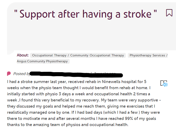 Have you recently received care from our District Nursing team or our ERT? Would you like to leave the team some feedback? Here is an example of feedback about our Occupational Therapy and Physiotherapy Services delivered at home. If so, please visit: