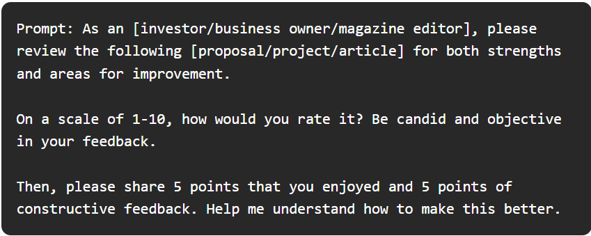 Try ChatGPT today

Use the prompt below to get quality feedback

#chatgpt #aiprompts #100waystotrychatgpt