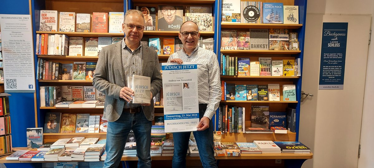 „Jüdisch in Attendorn“ lädt in Kooperation mit der Buchhandlung Frey am 23. Mai zu einer Lesung mit Andrea von #Treuenfeld in das Bürgerhaus Alter Bahnhof ein. Die überregional bekannte Autorin wird ab 19:30 Uhr ihr Buch „Jüdisch jetzt!“ vorstellen. tinyurl.com/59fu4hzh