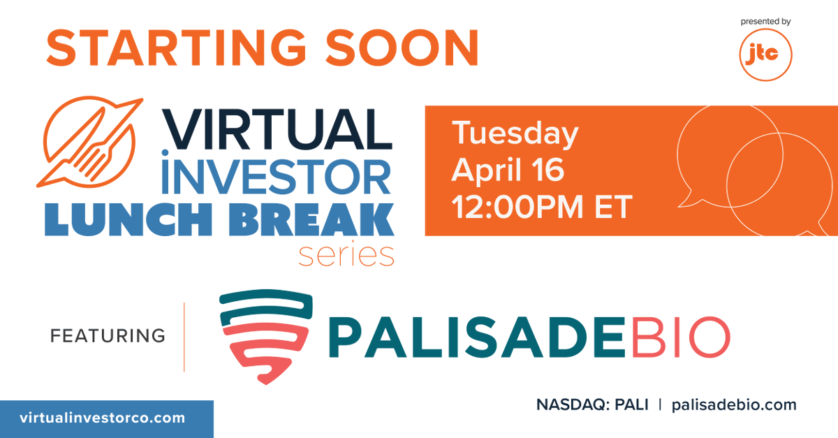 Starting Soon! Our Lunch Break with CEO JD Finley and CMO, Dr. Mitch Jones of Palisade Bio at 12 PM ET. Access the event here: bit.ly/49FQXey $PALI #VirtualInvestor @PalisadeBio