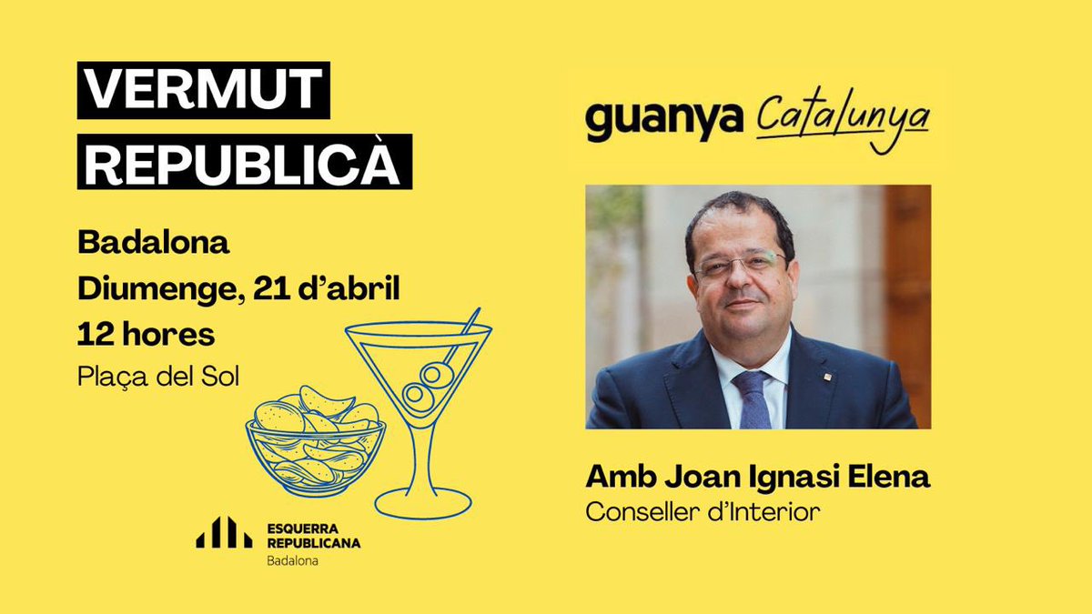 VERMUT REPUBLICÀ 🗓️ Diumenge, 21 d’abril ⏰ 12 h 📍 Plaça del Sol Vine a conversar amb el Conseller d’Interior @joanignasielena i a passar una bona estona! #GuanyaCatalunya