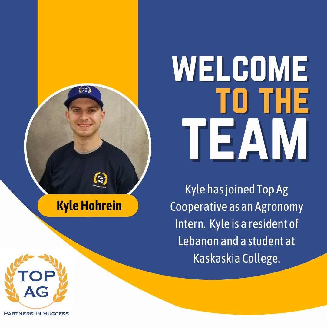Topagcoop's tweet photo. We're thrilled to announce that Kyle Hohrein has joined the Top Ag Cooperative family as our newest Agronomy Intern! 

Kyle will be diving into the world of agronomy at both our Trenton and Pierron locations, where he'll have the opportunity to learn and grow. 

Welcome, Kyle!!!! https://t.co/HPRxahDQD3