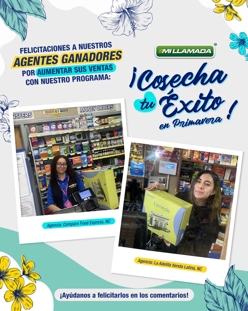 🎉Felicitamos a nuestros #AgentesGanadores del programa “Cosecha tu Éxito en #Primavera'.🌻Un saludo hasta #CarolinadelNorte. Gracias #CompareFoodExpress y #LaAdelita tienda latina, por ser parte de la familia #MiLlamada. ¿Nos ayudas a felicitarlos?
#negocioslatinos #latinoenusa