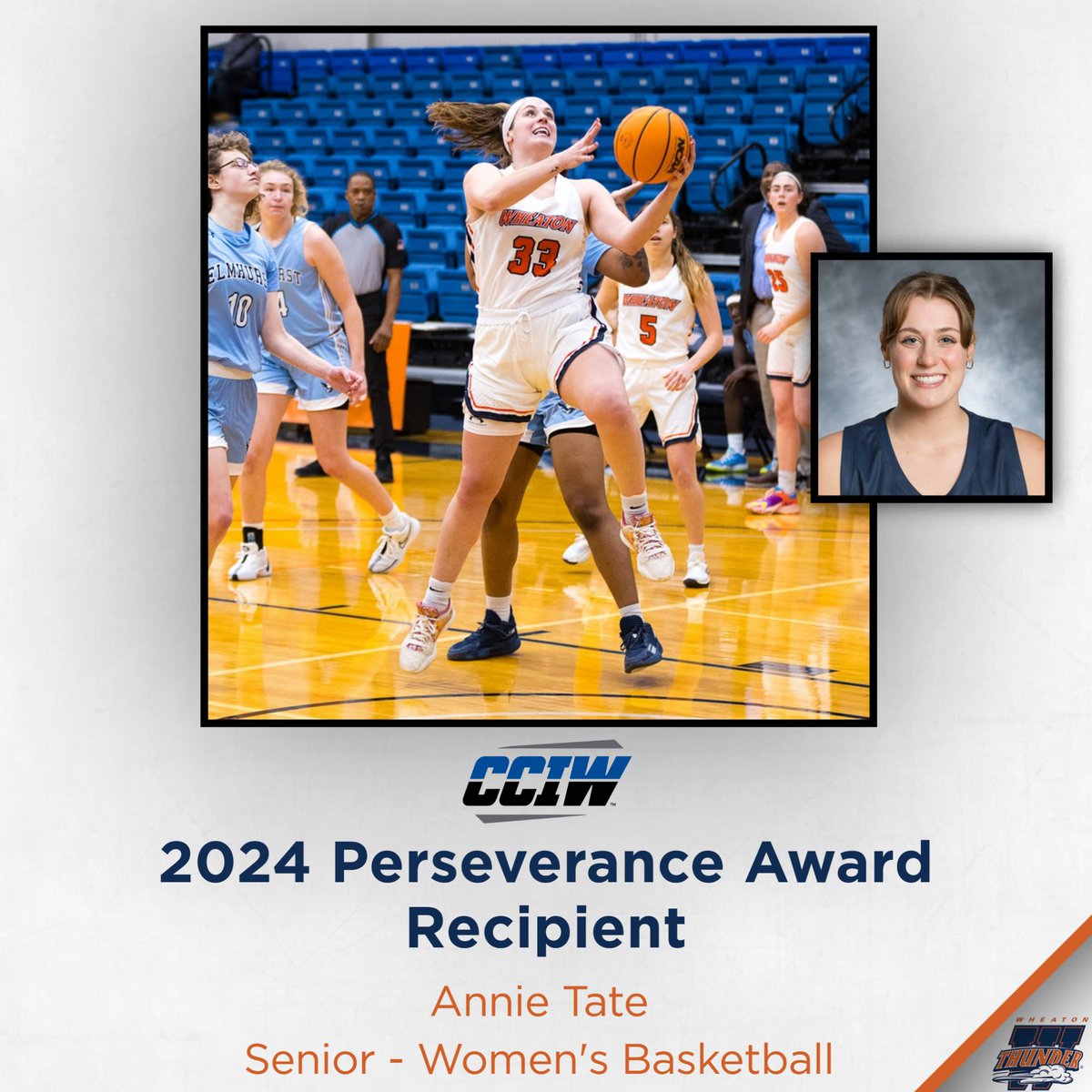 Congratulations to <a href="/Wheaton_WBB/">Wheaton WBB</a> 's Annie Tate, who has been named the 2024 <a href="/CCIW_Athletics/">CCIW</a> Chris Martin Perseverance Award recipient, as voted on by the Senior Woman Administrators of the conference!
