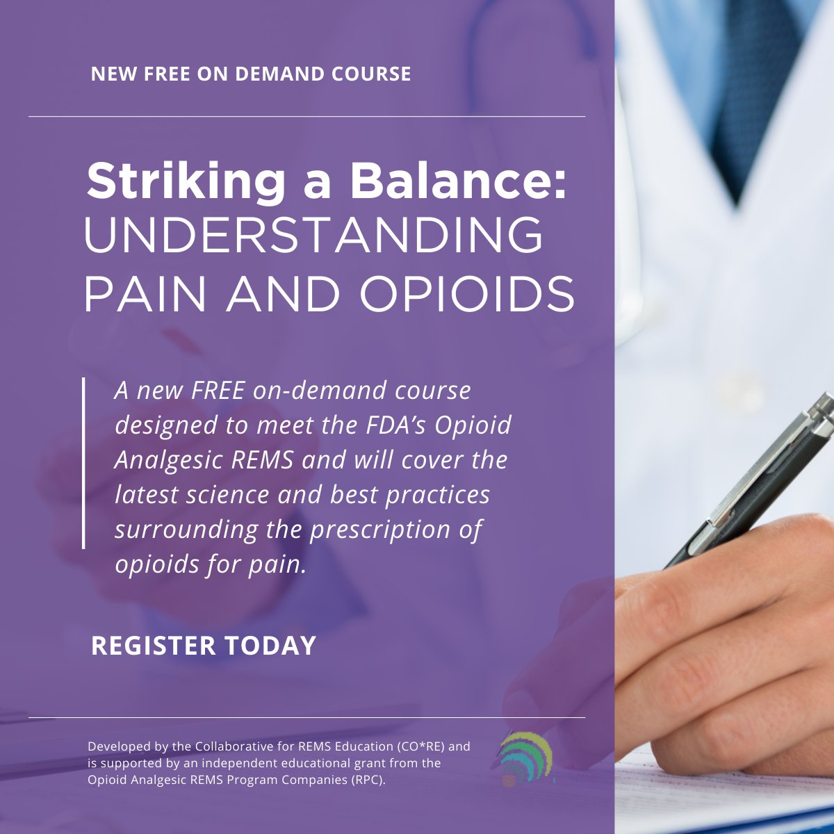 This FREE on-demand course is designed to meet the FDA’s Opioid Analgesic REMS and will cover the latest science and best practices surrounding the prescription of opioids for pain. Register today! ow.ly/7oAL50Rhf5I