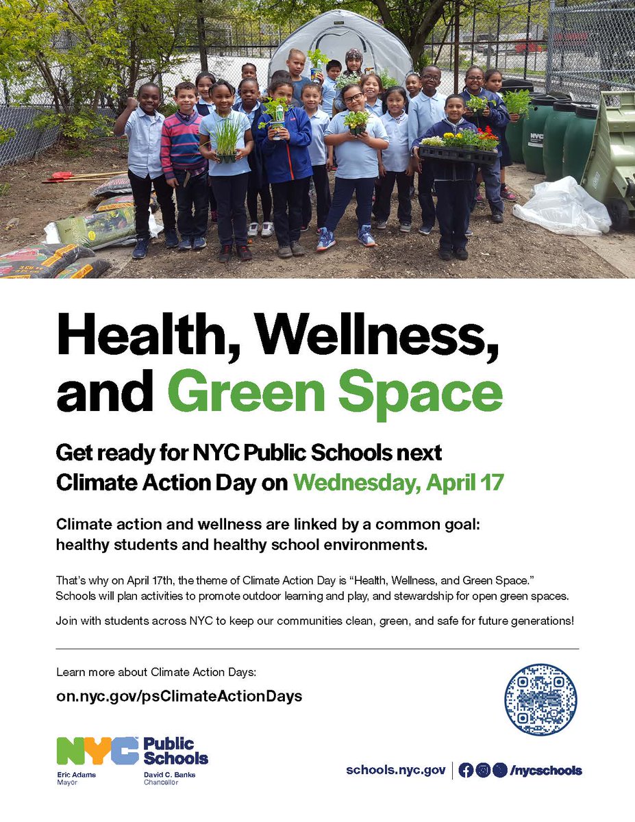 Wed. 4/17: Health, Wellness, and Green Space Climate Action Day🌿 @nycschools spread the word! Show students the connection between health and sustainable, clean, and green environments. bit.ly/3SZWiIU Flyers available in all 9 DOE languages: bit.ly/4cRitsq