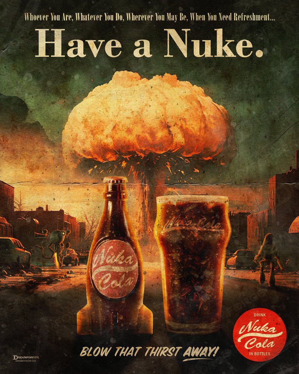 My 2nd of 5 new art pieces inspired after watching #FalloutOnPrime. This one is my #NukaCola retro ad (with little nods to old Coke ads). Hope you enjoy! #FalloutFanArt