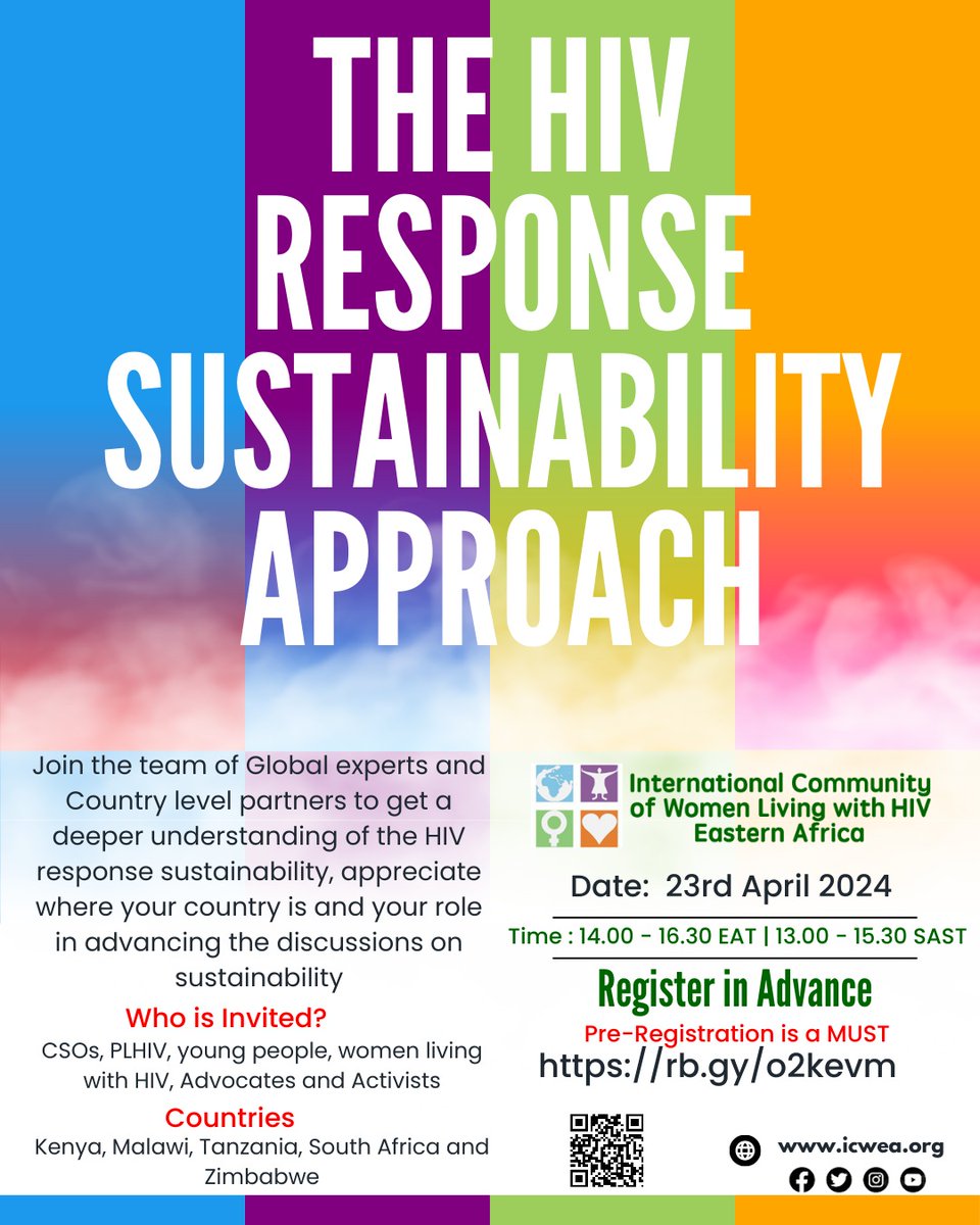 Join global experts & partners in a discussion on HIV response sustainability. CSOs, PLHIV, youth, & advocates from Kenya, Malawi, Tanzania, South Africa & Zimbabwe are invited. 🗓️ 23rd April 2024 ⏰ 14.00 – 16.30 E.A.T 13.00 – 15.30 S.A.T Register: rb.gy/o2kevm