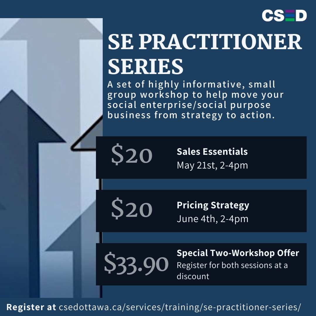 Back by popular demand, CSED's SE Practitioner Series takes a deep dive into the strategic business functions that are most relevant to social entrepreneurs and social enterprise practitioners. 
Register at: csedottawa.ca/services/train…

#socialentrepreneur #socialimpact #practitioner