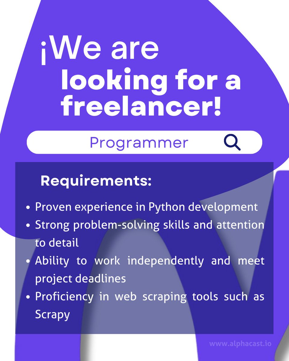 We're seeking a Freelance Programmer proficient in Scrapy for web scraping! Remote work connected via Discord. 

Details here: bit.ly/4aCQkDC

#Python #Scrapy #Freelance