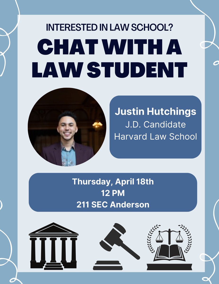 Join the department for a conversation with Justin Hutchings, a J.D. Candidate at Harvard Law School, to learn about the application process and the day-to-day of a law school student. We encourage students that are interested in law to attend. 

We hope to see you there!