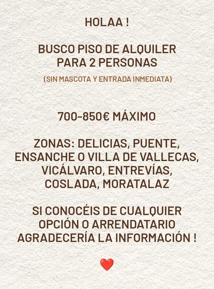 Hola chicos, mi madre y yo seguimos en la misma situación y ya se ha vuelto completamente insostenible, corremos peligro en nuestro actual hogar. Nos iremos definitivamente con un familiar por el momento pero nos urge encontrar un piso. Muchísimas gracias.