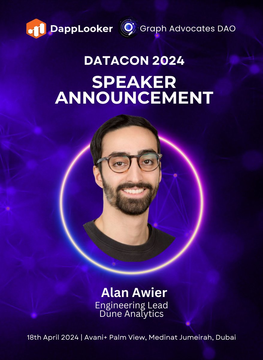 dapplooker's tweet photo. 📢 #DataCon2024 Speaker Spotlight

🎉 We're thrilled to reveal our esteemed speaker for DataCon2024 at @Token2049 Dubai

@aalan3
Alan Awier Engineering Lead at @DuneAnalytics Working on supporting the most interesting crypto datasets on the Curate team at Dune, It is a platform that empowers users to query, visualize & share blockchain data with ease. 👨‍💻

It’s a community-driven data platform that decodes raw blockchain data & loads it into a SQL database, making it accessible for analysts, & researchers to create meaningful insights. 📊

James will share insights on the importance of community-driven data analysis in the crypto space, and how to utilize Dune’s powerful SQL capabilities to explore web3 data. & best practices for creating insightful dashboards & visualizations. 🎙️

Secure your spot now 👉 https://t.co/0xnRycEFQ3

📆 Save the Date: Thursday, April 18th, 6:00 PM GMT+4

🙌 More electrifying updates to come! Stay connected!

#DataCon2024 #Web3 #token2049dubai