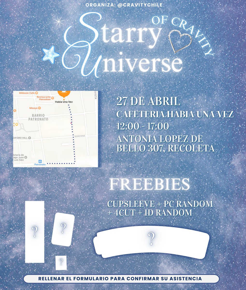 CRAVITYChile's tweet photo. ✨The Starry Universe of CRAVITY✨

📆 Sábado 27 de Abril, desde las 12:00 hasta las 17:00

📍Cafetería Había Una Vez 
Antonia Lopez de Bello, Recoleta, Santiago de Chile (Cerca de el metro Patronato L2)
 
El evento es GRATUITO para quienes rellenen el formulario en nuestra bio✨ https://t.co/py473fhZbZ