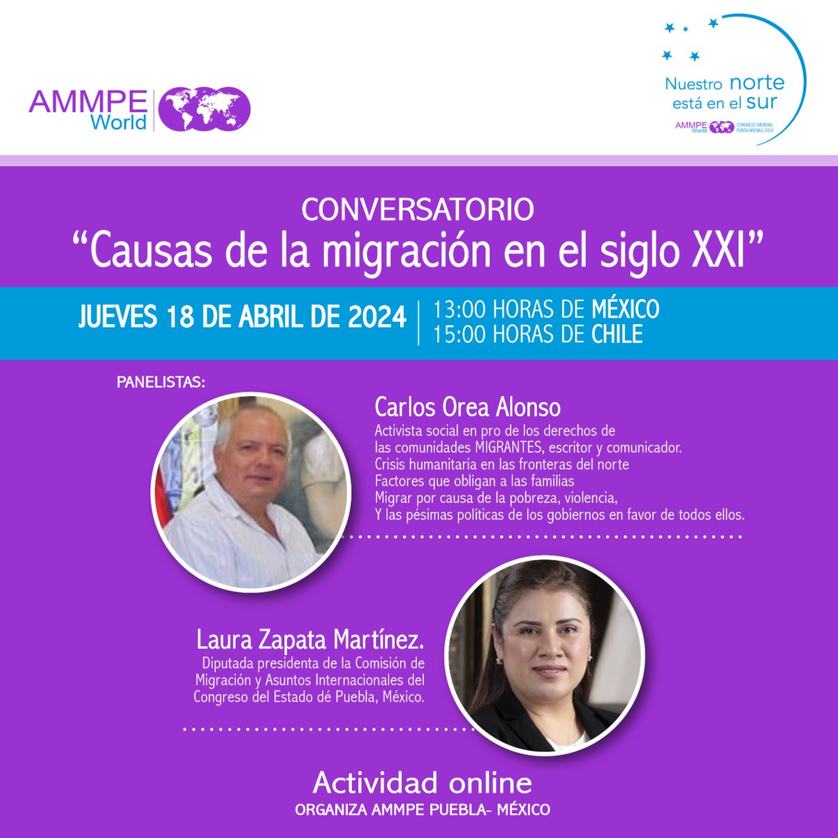 Causas de la Migración.
Te invitamos a conectarte a nuestro conversatorio que organiza <a href="/AmmpeMexico/">AMMPE Capitulo México</a>  dónde, desde  Puebla estarán con nosotros Carlos Orea y @laurazapataoficial
Jueves 18 de abril a las 13 hrs.  México y 15 hrs. Chile 

Inscripción  pueblaampep@gmail.com
