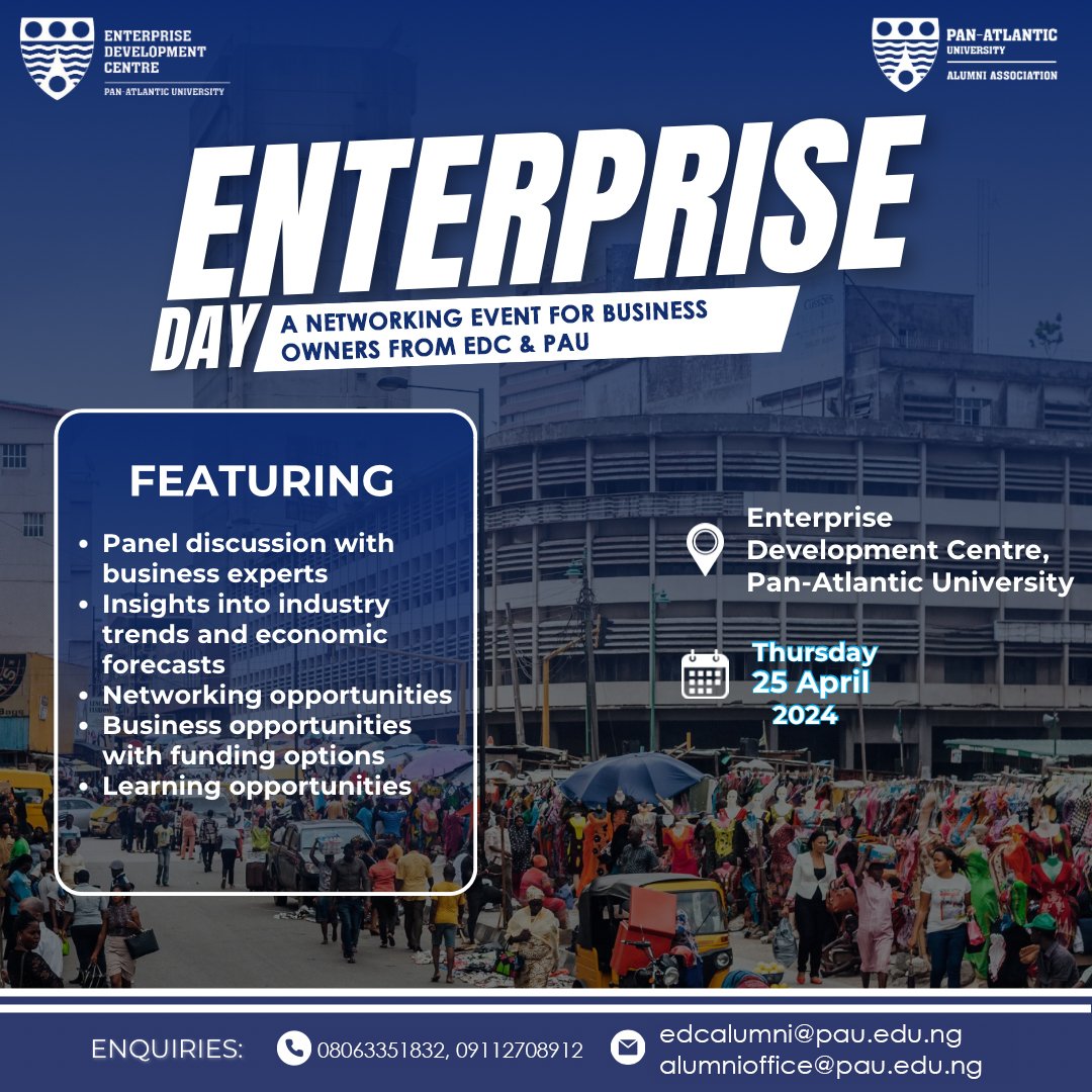 Join Enterprise Day for panel discussions, insights, networking, and funding opportunities! Date: April 25th, 2024, Venue: Enterprise Development Centre, Pan-Atlantic University. Inquiries: 08063351832 or email edcalumni@pau.edu.ng. #EnterpriseDay #PanAtlanticUniversity