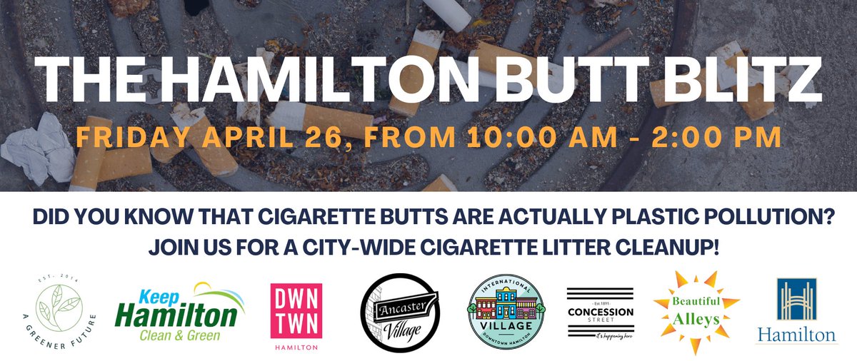 Did you know that cigarette butts are actually plastic pollution? Join us on Friday, April 26 from 10am – 2pm for a city-wide cigarette litter community cleanup. Learn more and register for the Hamilton Butt Blitz at: form-can.keela.co/hamilton-butt-… #HamOnt