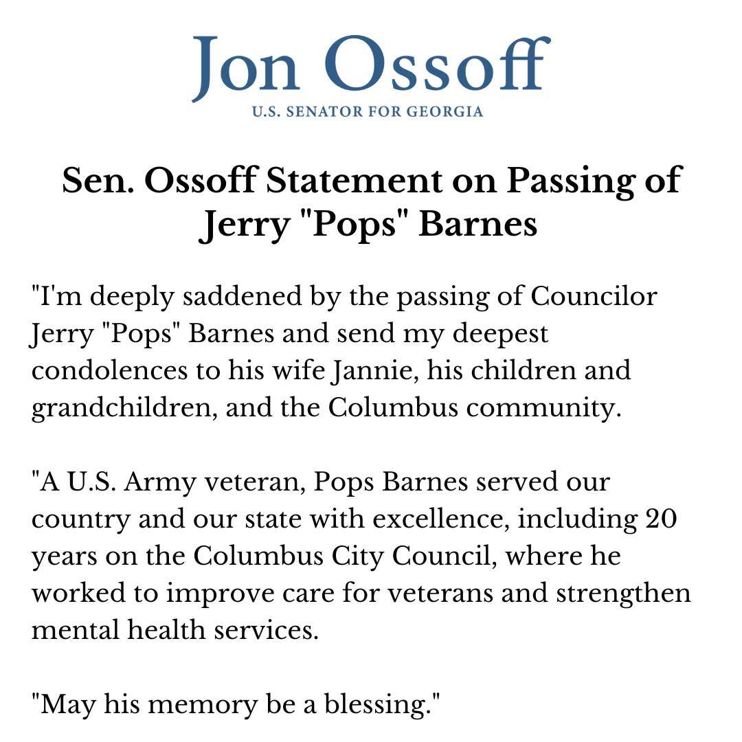 Sen. Ossoff Statement on Passing of Jerry 'Pops' Barnes.