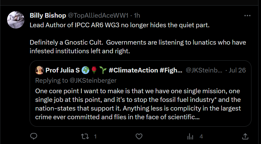 @skdh She's an AR6 Lead Author. She feels perfectly comfortable broadcasting the IPCC's 'one single mission', and promoting the destruction of free markets, so I assume this is UN/IPCC policy. Is it becoming apparent to you that we are dealing with a Gnostic Apocalypse Cult?