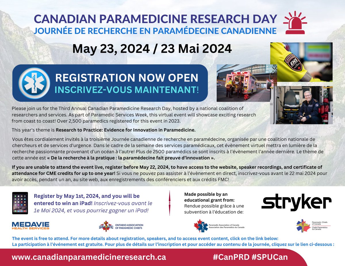 Registration is now open for the Third Annual Canadian Paramedicine Research Day on May 23, 2024. Please use this link, canprd.ca to register for the event! #CanPRD #SPUCan #Paramedicine #ParamedicineResearch