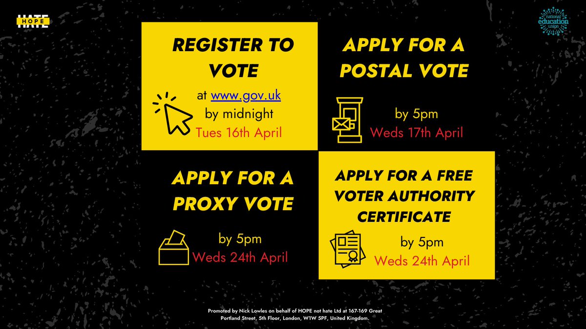 hopenothate's tweet photo. 🚨REGISTER TO VOTE BY MIDNIGHT TONIGHT🚨

Today is your last day to register to vote in the local and mayoral elections on May 2nd. 

📢 Spread the word so no one misses out on their chance to vote.

🔗 https://t.co/Bqs8gtiT8N

#localelections #RegisterToVote @NEUnion https://t.co/rcijtrBQyQ