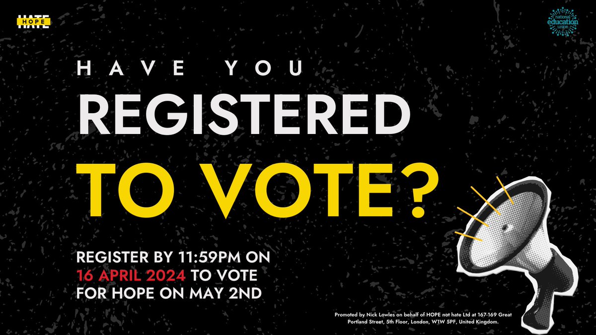 hopenothate's tweet photo. 🚨REGISTER TO VOTE BY MIDNIGHT TONIGHT🚨

Today is your last day to register to vote in the local and mayoral elections on May 2nd. 

📢 Spread the word so no one misses out on their chance to vote.

🔗 https://t.co/Bqs8gtiT8N

#localelections #RegisterToVote @NEUnion https://t.co/rcijtrBQyQ