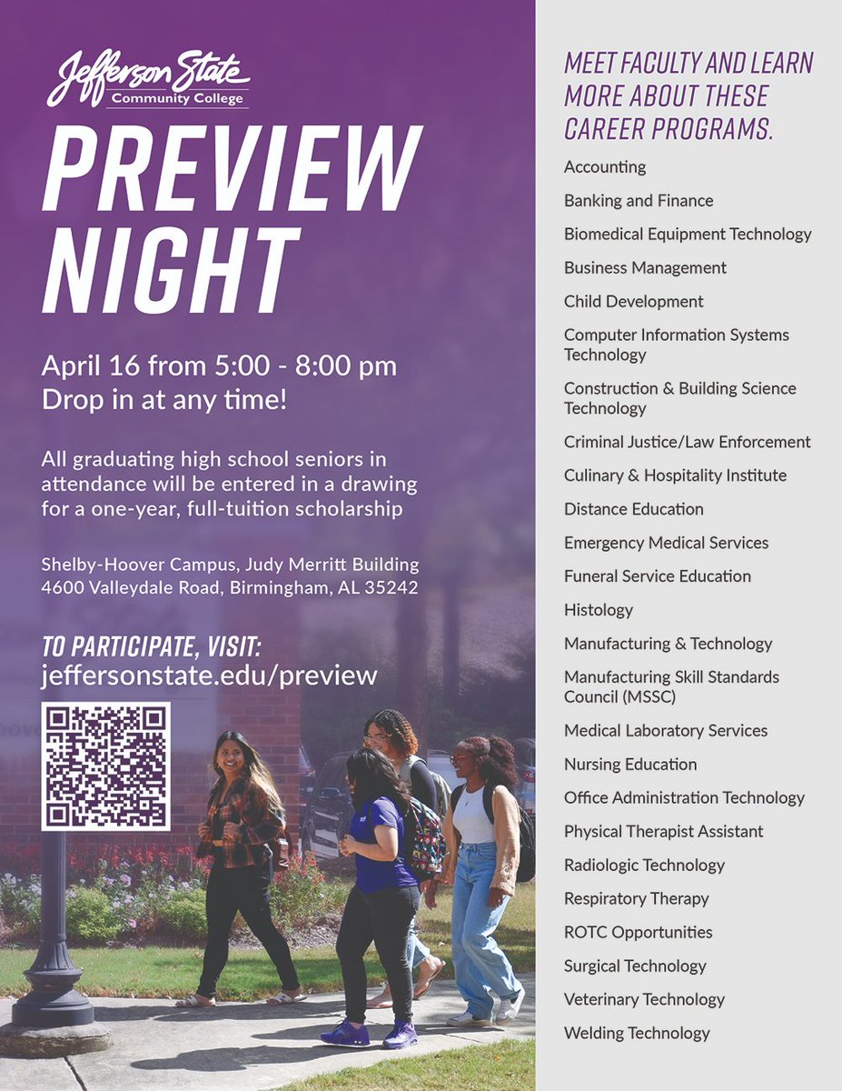 jeffstate's tweet photo. Jefferson State Hosts Free Preview Night Tonight (April 16) 5p-8p
See the programs offered at Jefferson State and learn about financial aid, admissions, and more.
Sign up today at: https://t.co/exzOqdTldU
Drop in at anytime! Walk-ins are welcome! https://t.co/QiBBeIVbZc