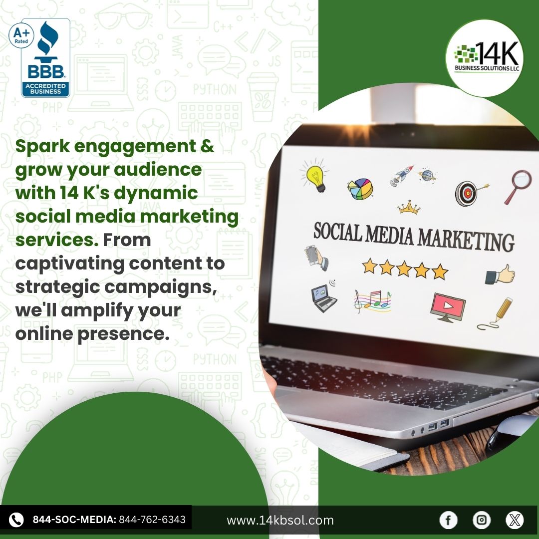 Spark engagement and grow your audience with 14 K's dynamic social media marketing services.

Call Us Today: (267) 283-6111
Visit our website: 14kbsol.com
#14KBSOL #digital #marketing #SMM #content #socialmediamarketing #onlinepresence #campaigns #tuesdaytips