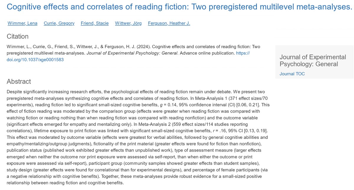AdamMGrant's tweet image. Reading fiction has small but meaningful benefits for empathy.
70 experiments: concern for and understanding of others grow more through reading novels than watching shows and movies.
Immersion in words about imaginary worlds can help us see realities beyond our own.
