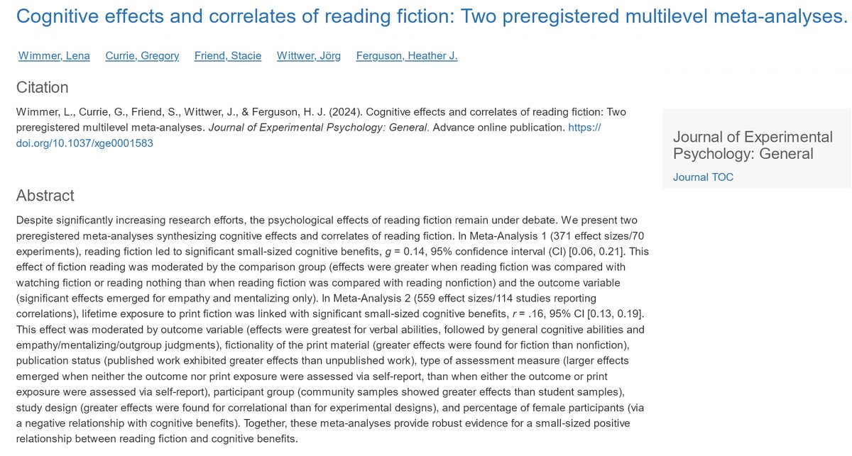 Reading fiction has small but meaningful benefits for empathy.

70 experiments: concern for and understanding of others grow more through reading novels than watching shows and movies.

Immersion in words about imaginary worlds can help us see realities beyond our own.