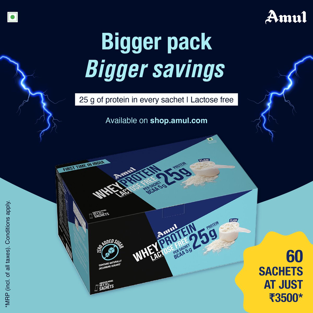 Bigger pack, bigger savings! 
Now your favourite Amul lactose free plain whey is available in a pack of 60 at just ₹3500* only. Stock up, save, and stay fuelled for longer!
Available on shop.amul.com
#WPC60 #MoreNutrition #MoreSavings #Amul #WheyProtein #Lactosefree