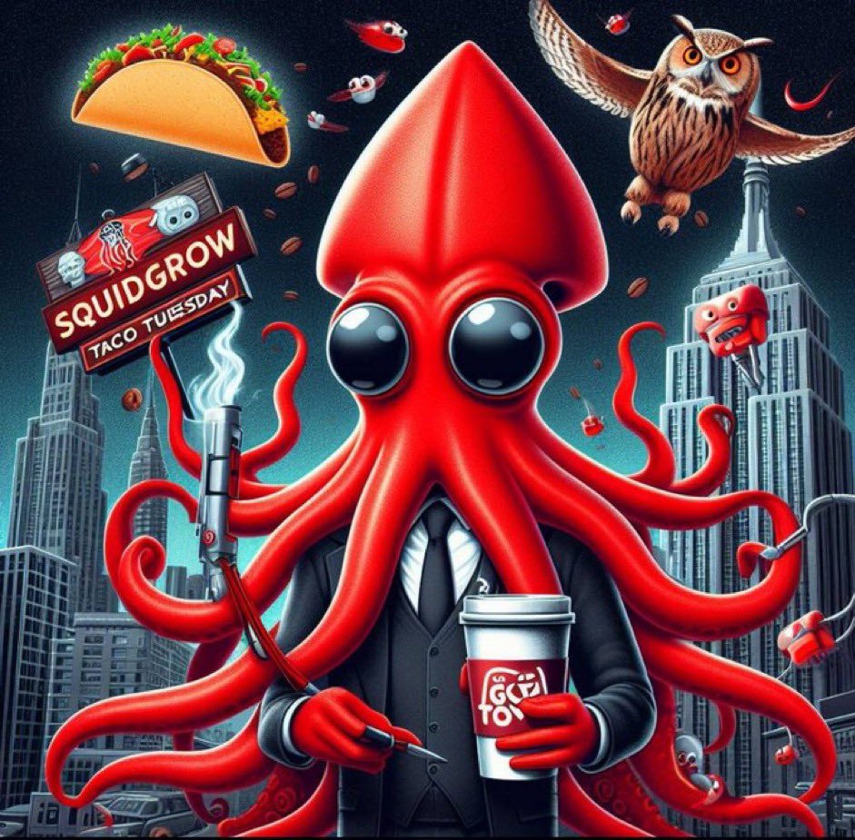 Squid_Grow's tweet photo. Glorious GM N Taco Tuesday 🌮 
Hydrate, Caffeinate, and Conquer the day! ☕️

@Coffee_Snob_eth 👨🏼‍🎨 https://t.co/P8DkX0XbXx