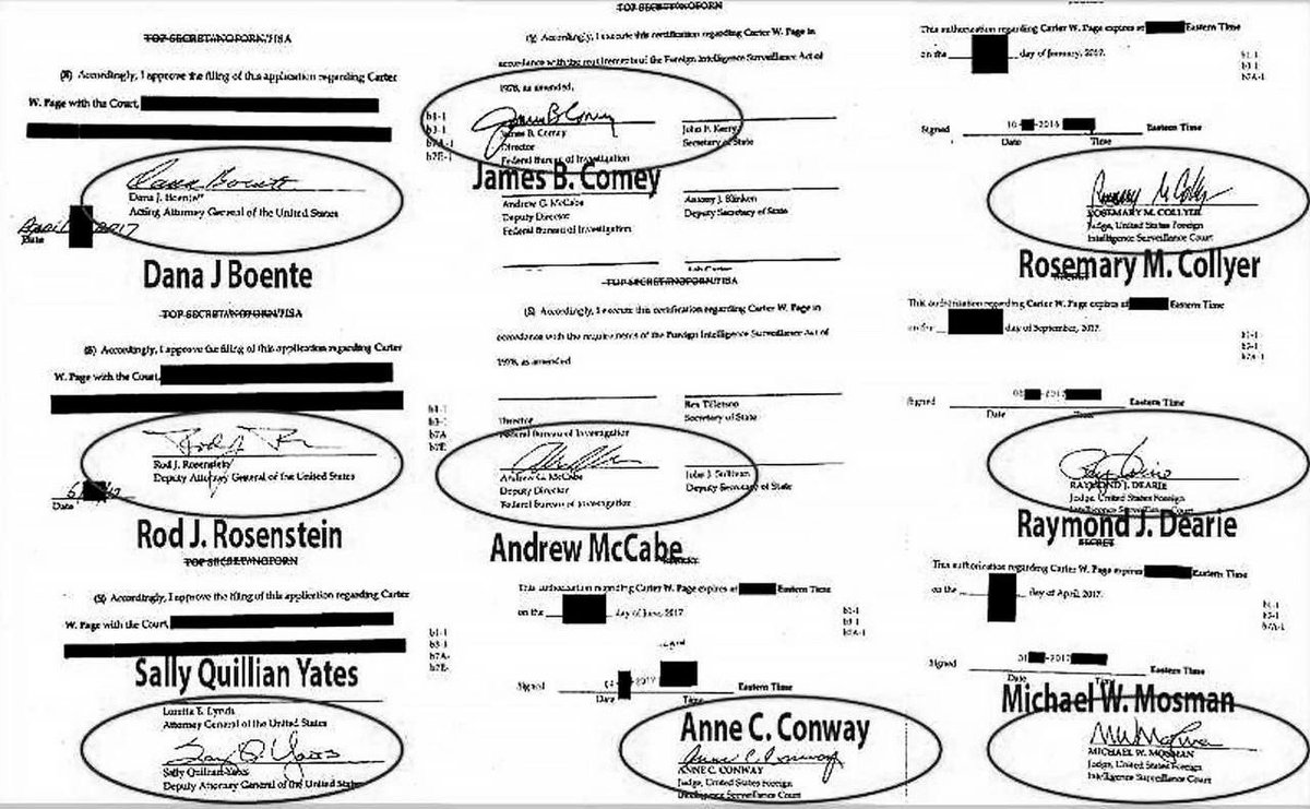 Gitmo99's tweet photo. The people who signed the FISA warrants to spy on Donald J. Trump, both as a candidate and later as President, are traitors.

Dana J. Boente - Acting Attorney General 

Rod J. Rosenstein - Deputy Attorney General 

Sally Q. Yates - Deputy Attorney General 

James B. Comey - Director of the FBI

Andrew G. McCabe - Deputy Director of the FBI 

Anne C. Conway - FISA Court Judge 

Rosemary M. Collyer - FISA Court 

Judge Raymond J. Dearie - FISA Court 

Judge Michael W. Mosman - FISA Court Judge

What is the penalty for treason?
#HIAW