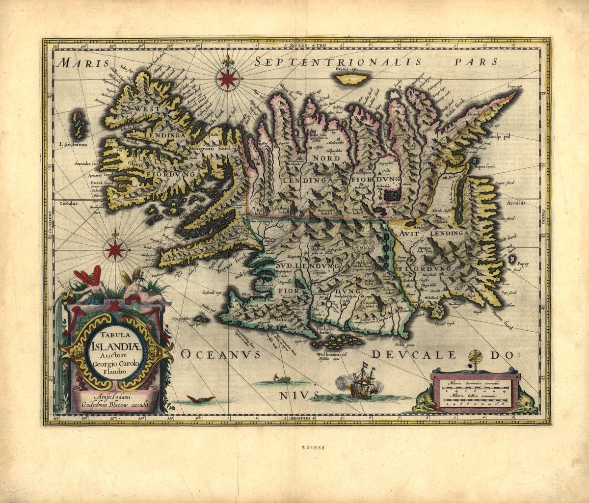 This 17th-century map of Iceland from Blaeu's 'Le theatre du monde, ou, Novvel atlas' shows the island's complex topography, including mountains, fjords, and a few volcanoes. Get a closer look: loc.gov/resource/g3200…