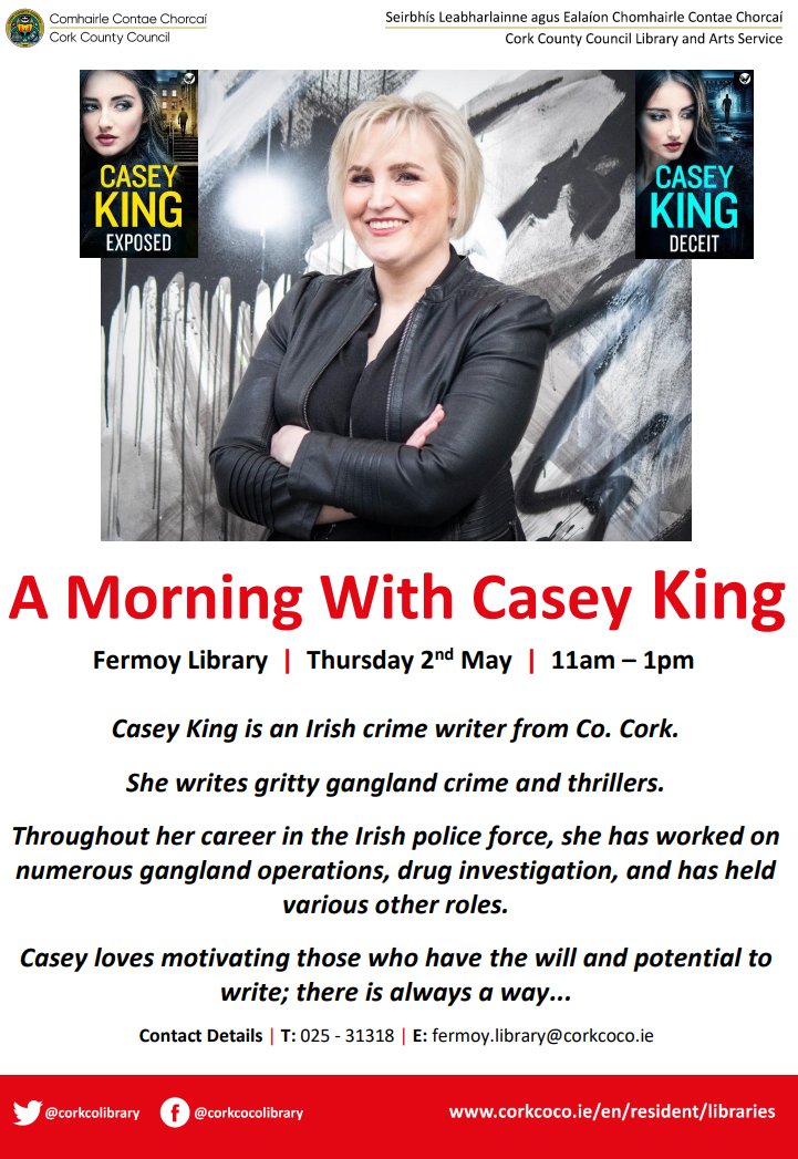 Irish crime author Casey King will be coming to #FermoyLibrary on 2nd May to host a writing workshop. So, if you’re a budding writer looking for expert advice or want to ask a question, be sure to come along! #FermoyLibrary @FermoyForum @Ireland