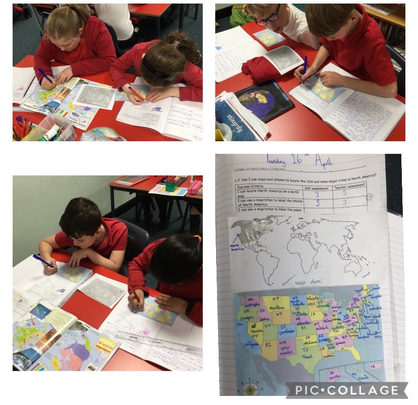 Children have been locating North America on a world map and labelling the 50 states using an atlas. This is part of our new 'Road Trip USA” topic.  #PVGeography