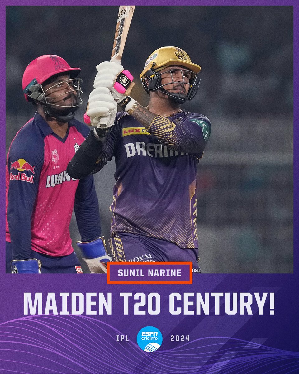 ESPNcricinfo's tweet image. SUNIL NARINE MAKES HIS FIRST T20 HUNDRED! 🔥

#KKRvRR #IPL2024