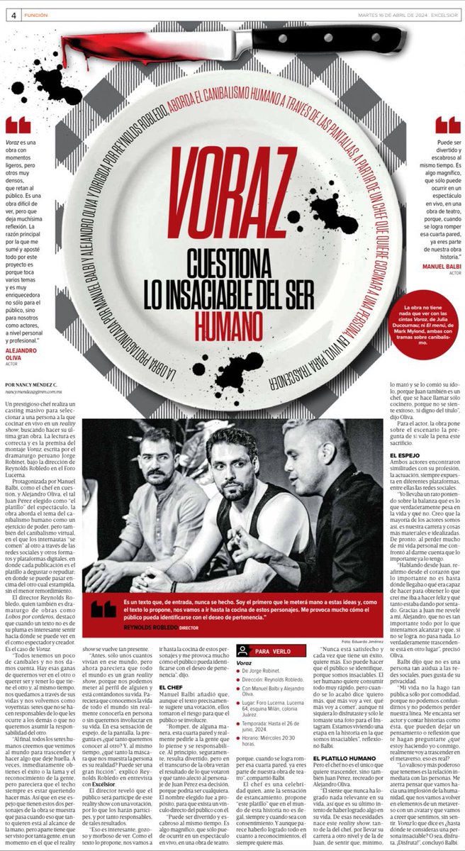 🔥HOY #VORAZ 🔪 en portada de <a href="/Excelsior/">Excélsior</a> gracias <a href="/nanchitamendez/">Nancy Méndez C.</a> por esta nota vía <a href="/PinPoint_Com/">PinPoint</a> 

🎭 MAÑANA 2da función en <a href="/ForoLucerna/">Foro Lucerna</a> a las 20:30